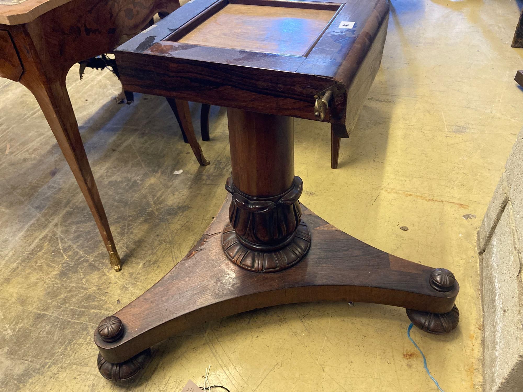 A Regency rosewood breakfast table base, lacking top